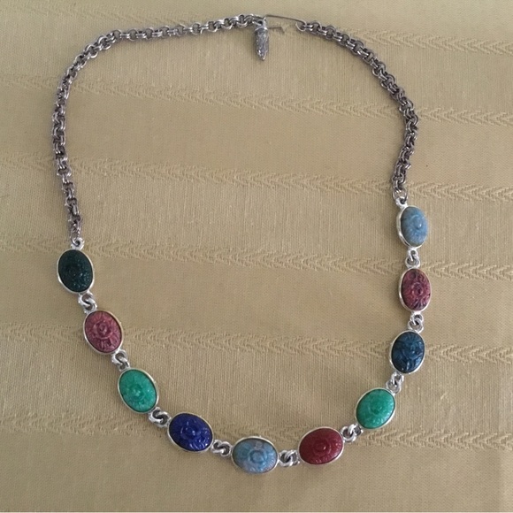 VINTAGE STERLING SILVER PLATED SCARABS COLORFUL NECKLACE 18” & CLIP EARRINGS - Picture 3 of 4